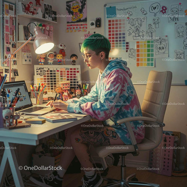 Young Digital Artist Working in Cozy Creative Workspace