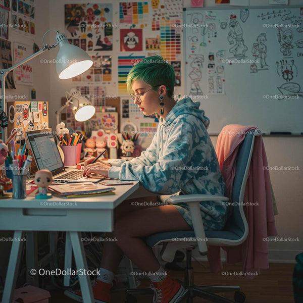 Young Artist Working in a Vibrant Creative Workspace