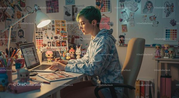 Creative Young Woman Working in Colorful Home Office
