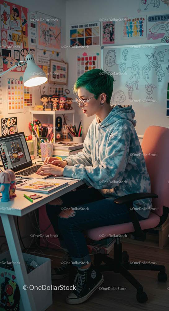 Creative Young Artist Working in a Colorful Home Studio