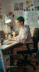 Tattooed Digital Artist with Green Hair in Creative Workspace