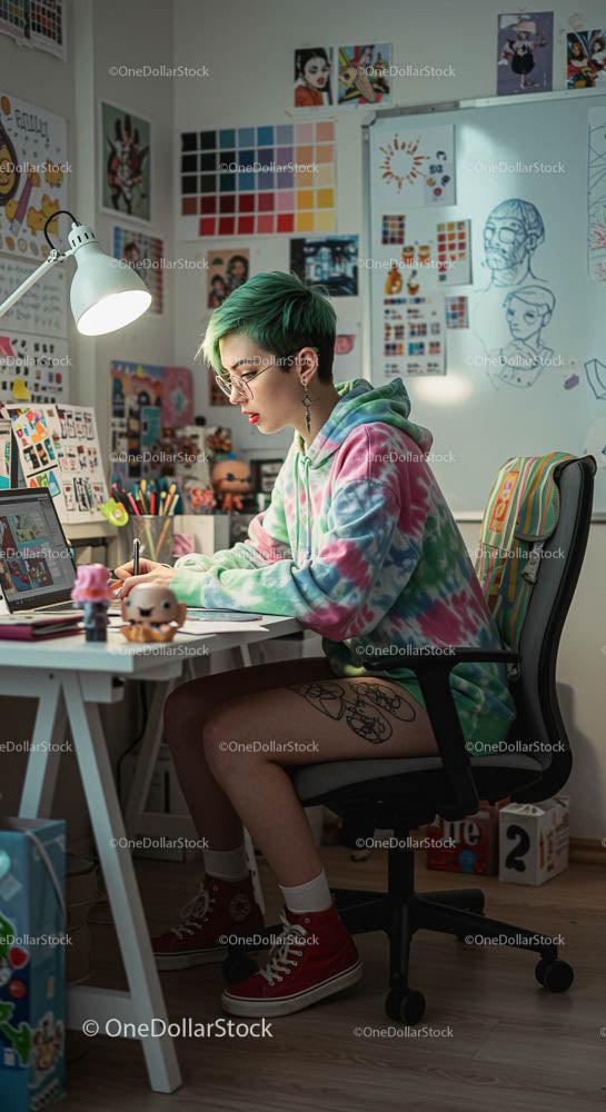 Young Artist Creating Digital Art in Colorful Home Studio
