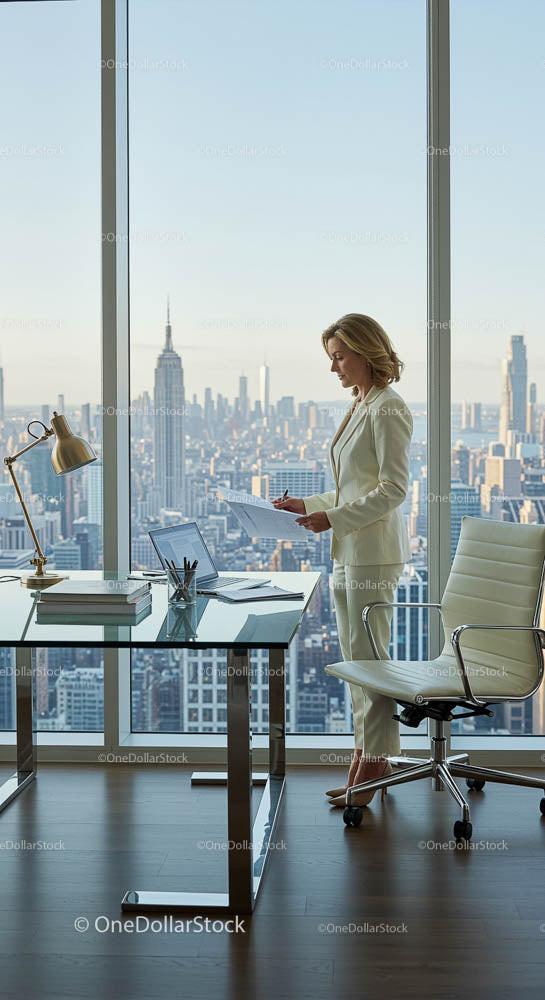 Businesswoman in Modern Office with City Skyline View