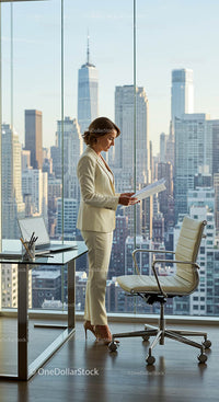 Businesswoman in Modern Office with City Skyline View