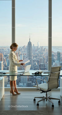 Businesswoman in Modern Office with Stunning City View