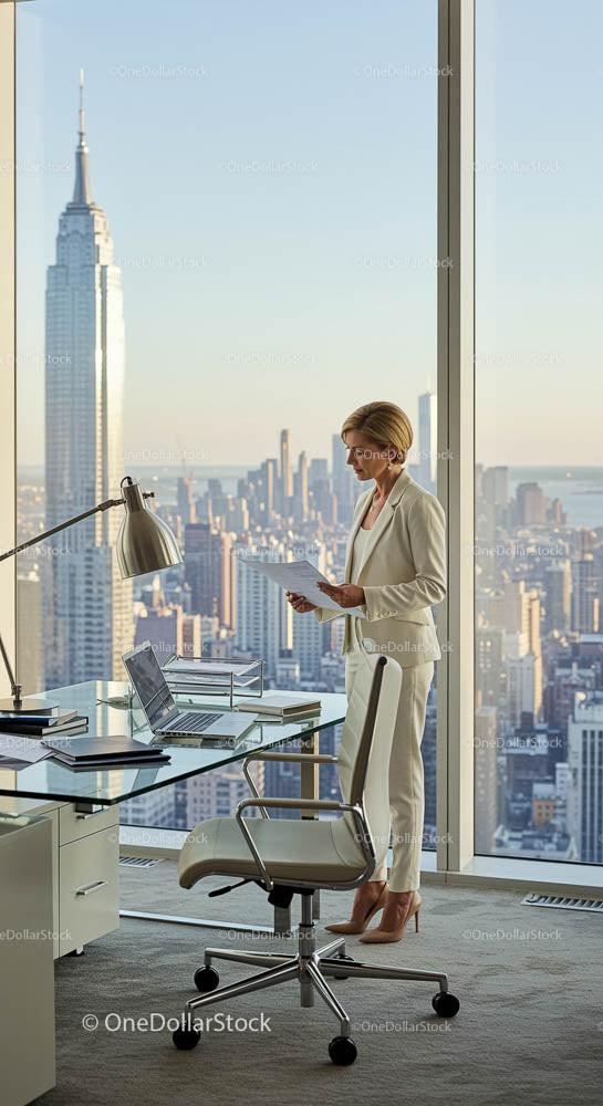 Businesswoman in Modern Office Overlooking City Skyline