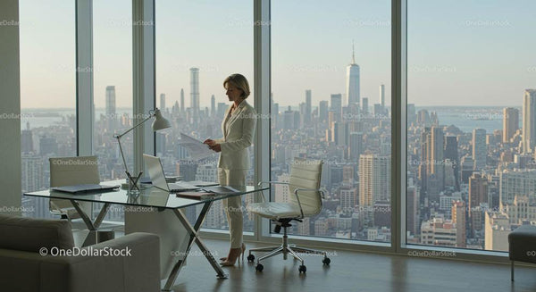 Businesswoman Standing in Elegant Office Overlooking NYC Skyline