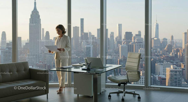 Businesswoman in Modern Office with Breathtaking Cityscape View