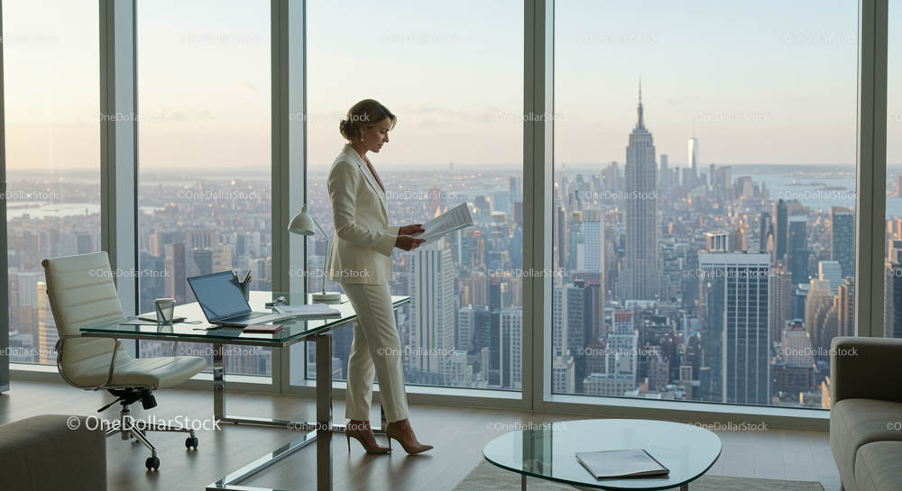 Elegant Woman in Modern Office Overlooking City Skyline