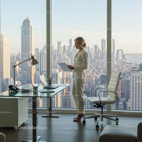 Businesswoman Reviewing Documents in Modern Office with City View