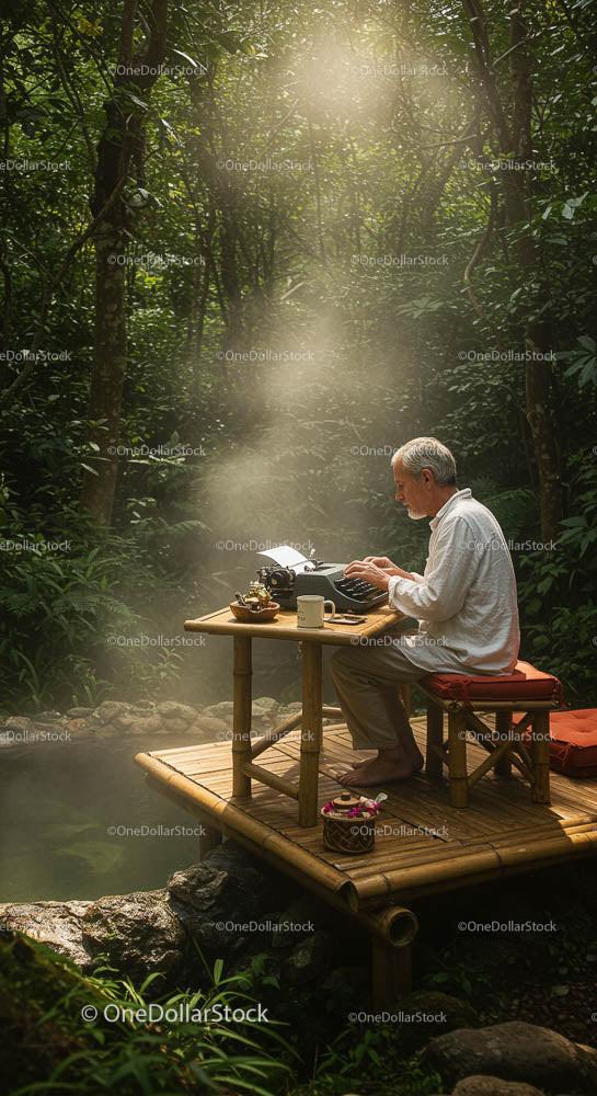Man Writing on Typewriter in Serene Forest Setting