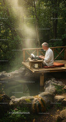 Elderly Writer Seated on Wooden Deck in Sunlit Forest
