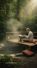 Man Typing on Typewriter in Forest Retreat