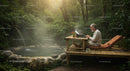 Man Writing in Tranquil Forest Setting by Hot Spring