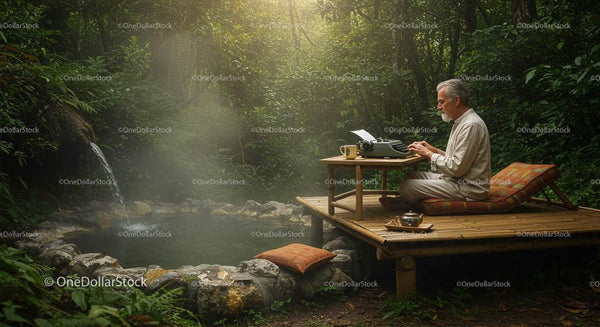 Man Using Typewriter in Tranquil Forest Setting