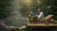 Man Typing Outdoors by a Tranquil Jungle Hot Spring
