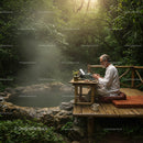 Man Typing on Typewriter in Serene Forest Retreat