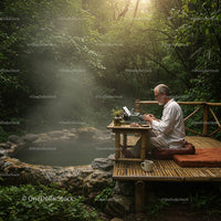 Man Typing on Typewriter in Serene Forest Retreat