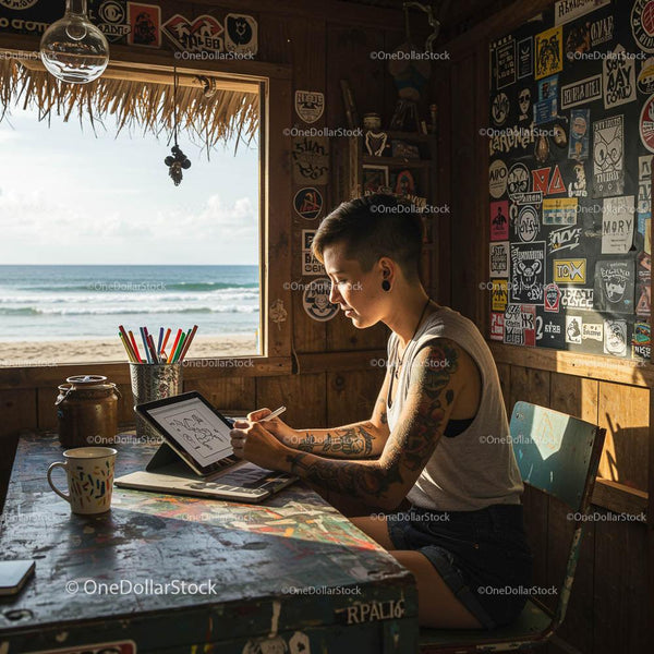 Tattooed Digital Artist Sketching in Beachfront Cabin