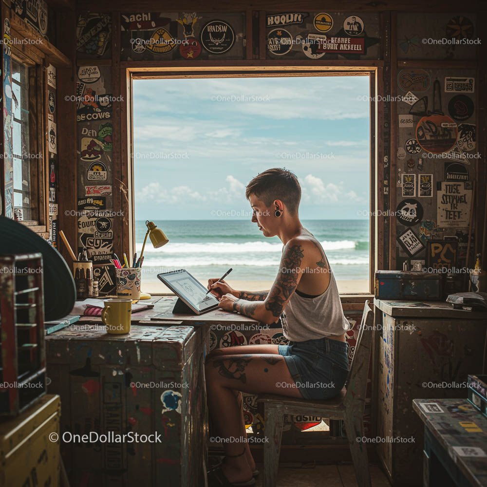 Artysta szkicujący na tablecie z inspirującym widokiem na plażę