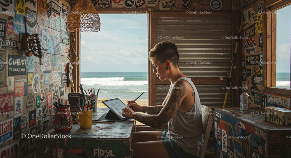 Artysta tatuażu szkicujący w studiu Seaside z widokiem na ocean