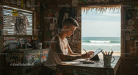 Tattooed Artist Sketching in Beachfront Cabin with Ocean View