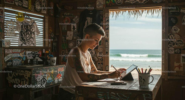 Tattooed Artist Sketching in Beachfront Cabin with Ocean View