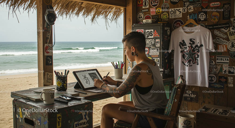 Artysta tatuażu tworzy sztukę cyfrową w studiu na plaży