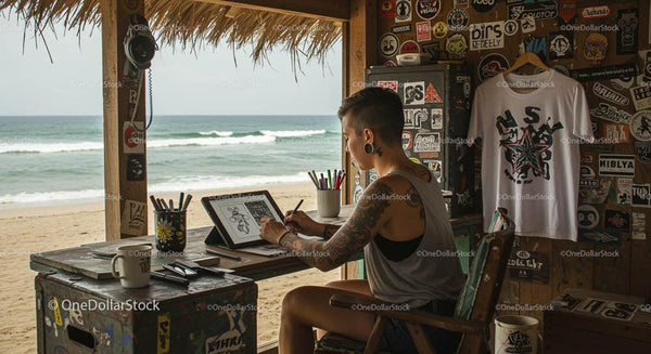 Tattooed Artist Creating Digital Art in a Beachfront Studio