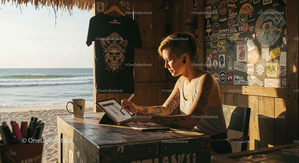 Digital Artist Sketching in a Beachside Workspace at Sunset