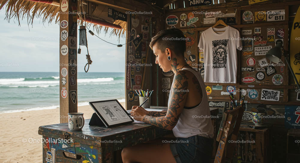 Artysta tatuażu tworzy sztukę cyfrową na plaży