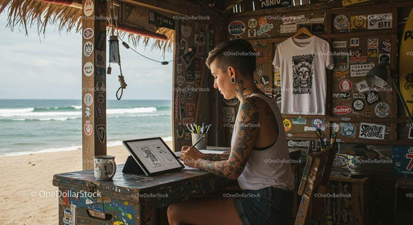 Tattooed Artist Creating Digital Art by the Beach