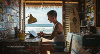 Creative Digital Nomad Working in Tropical Beachfront Cabin