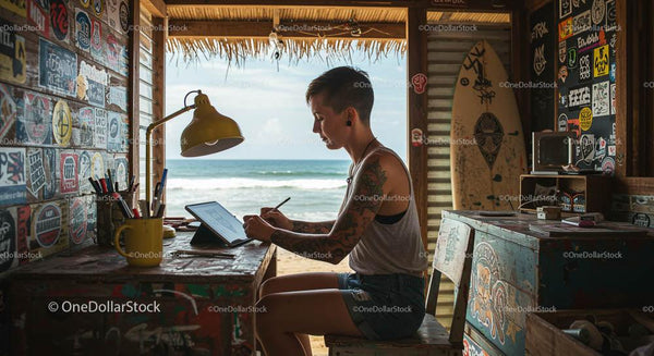 Creative Digital Nomad Working in Tropical Beachfront Cabin
