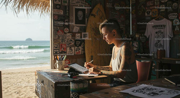 Tattooed Artist Creating Art in Beachside Studio