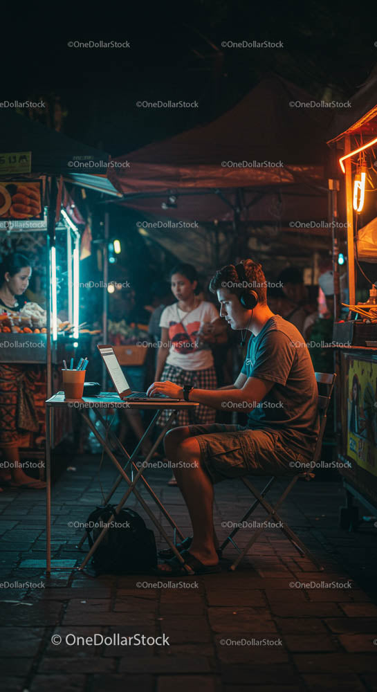 Freelancer pracujący na laptopie na nocnym targu