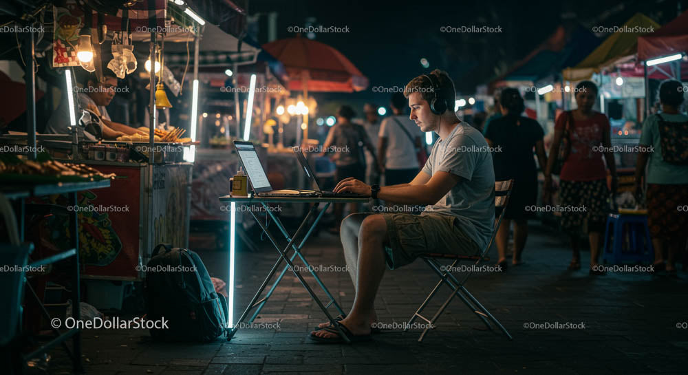 Mężczyzna pracujący na laptopie na nocnym targu ze straganami z jedzeniem ulicznym