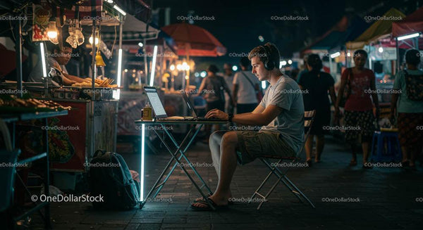Man Working on Laptop at Night Market with Street Food Stalls