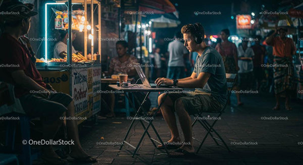 Young Man Working on Laptop at Night Street Market
