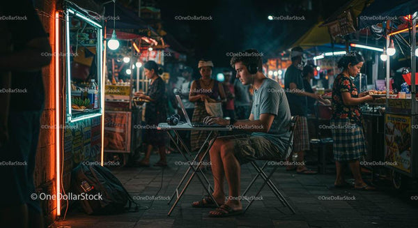 Digital Nomad Working at Night Market
