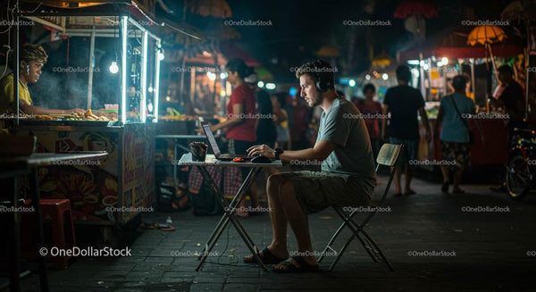 Digital Nomad Working at Night Market with Vibrant Lights