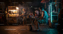 Man Working on Laptop at Lively Night Market