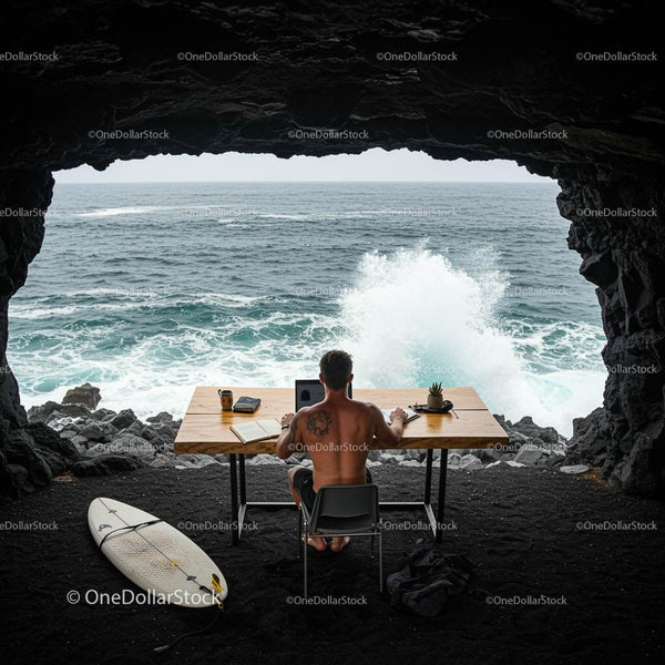 Remote Work in a Cave Overlooking Ocean Waves