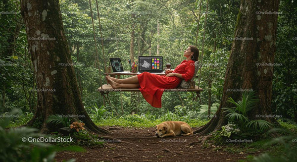 Woman Relaxing on Tree Swing with Laptops in Forest