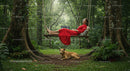 Woman in Red Dress Relaxing on Forest Swing