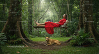 Woman in Red Dress Relaxing on Forest Swing