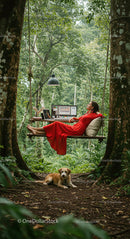 Woman in Red Dress Working Remotely in a Forest with Dog