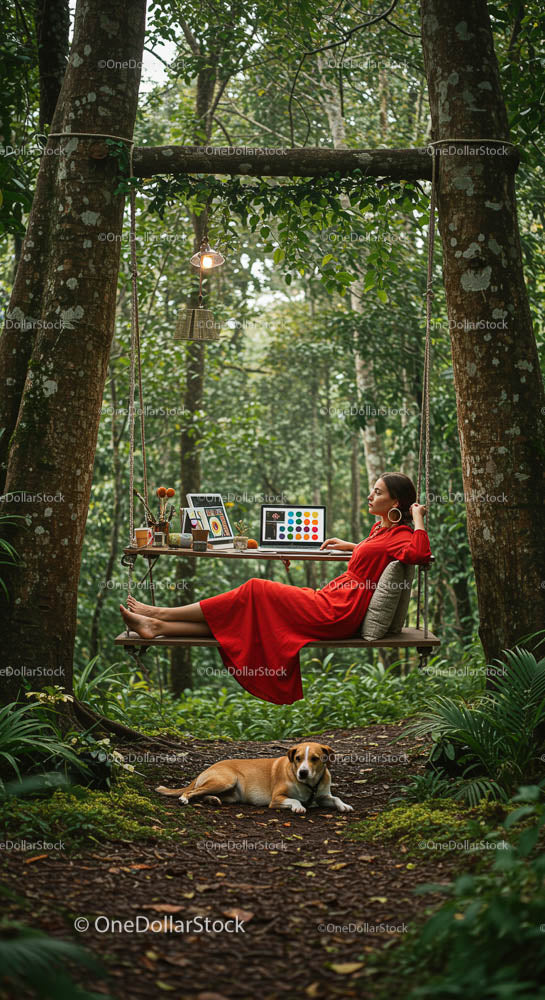 Woman Relaxing on a Swing in a Lush Forest Setting