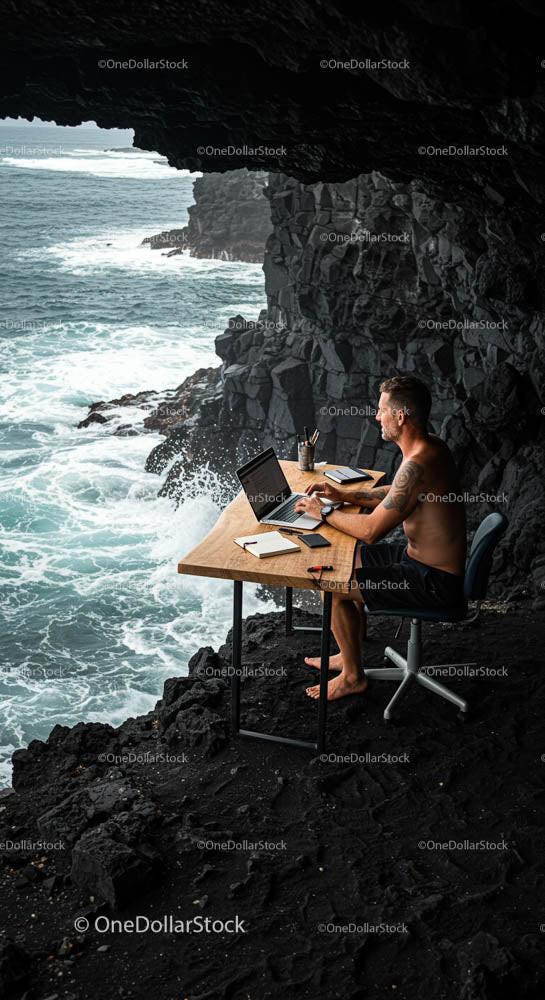 Man Working on Laptop with Ocean View from Cliffside Cave