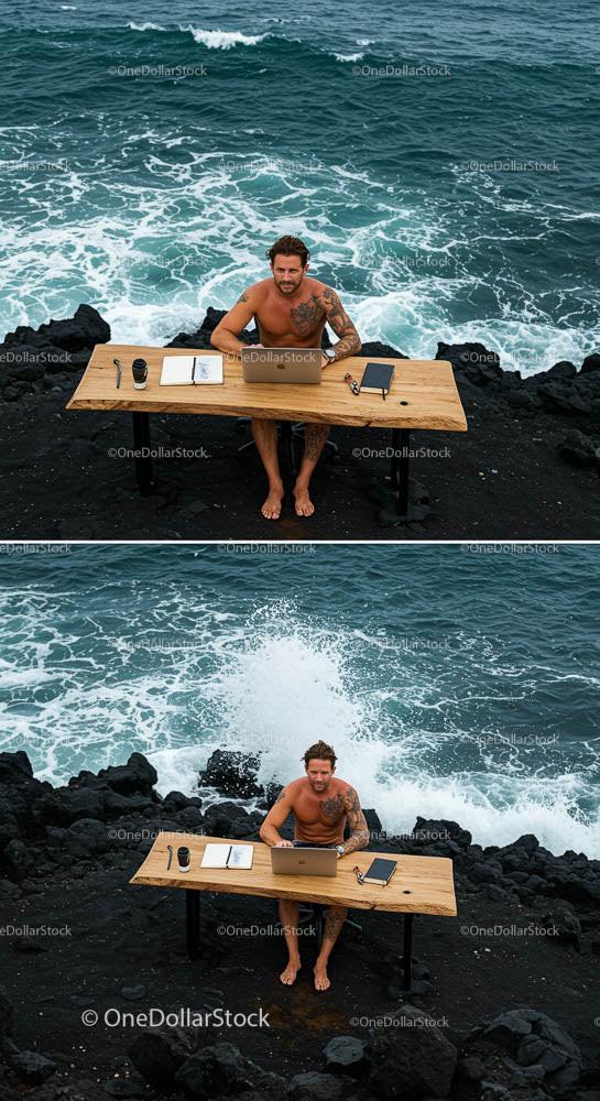 Remote Work Oasis: Desk Overlooking Crashing Waves